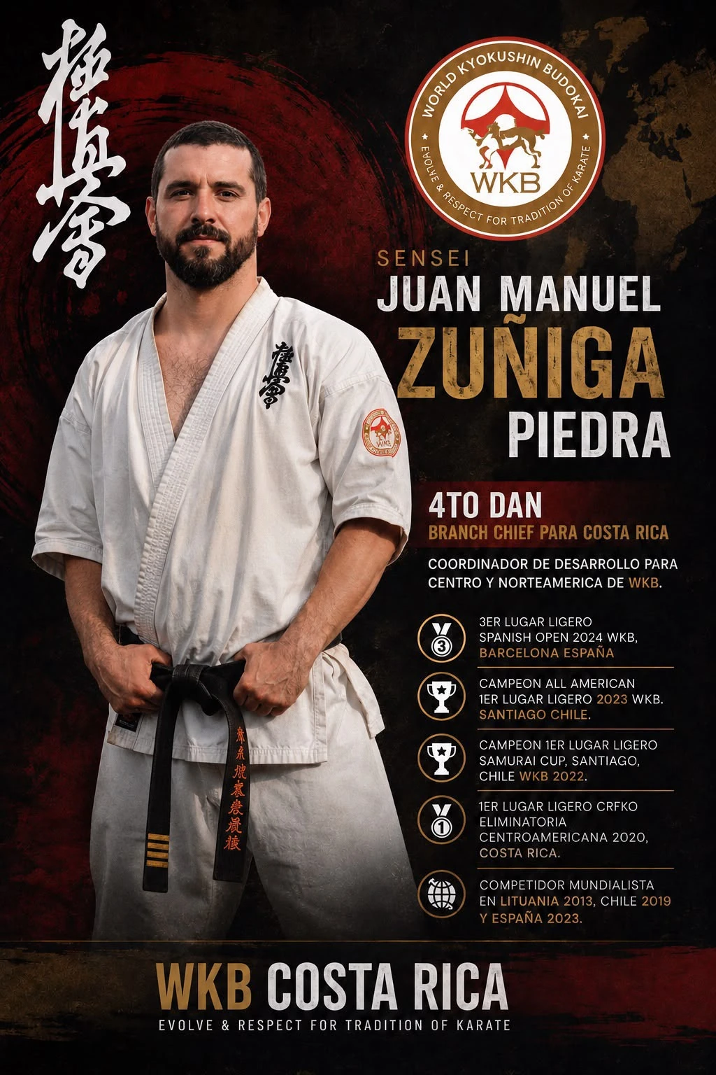 Banner de Sensei Juan Manuel Zúñiga Piedra, referente de WKB en Centroamérica